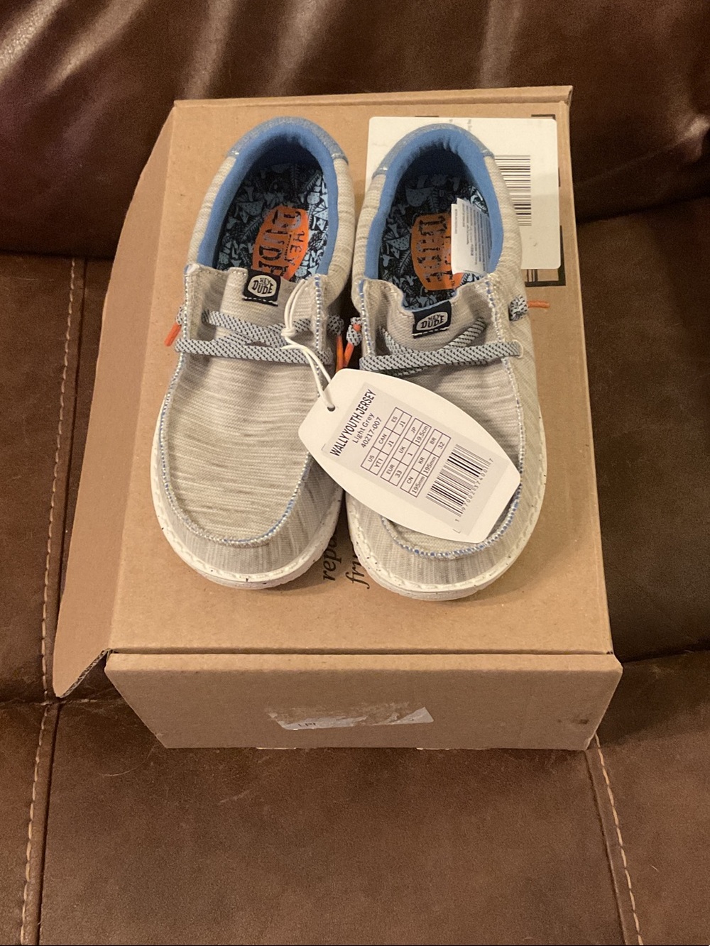 Hey Dude Kids Slip-On Sneakers in Light Gray with Blue Accents size 1 youth